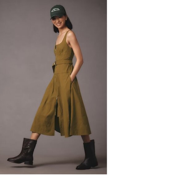 By Anthropologie Sleeveless Zip-Front Belted Midi Dress XXS dark yellow - Picture 1 of 4
